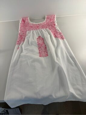 Mi Golondrina Pink & White Crocheted Trim Mini Dress